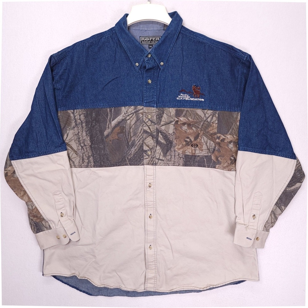 Roper Range Gear Mens 3XL Denim Camo Khaki Rocky Mountain Elk Foundation Shirt